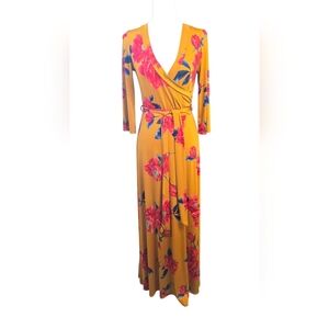 Janette Mustard Floral Maxi Dress with Self Tie Belt